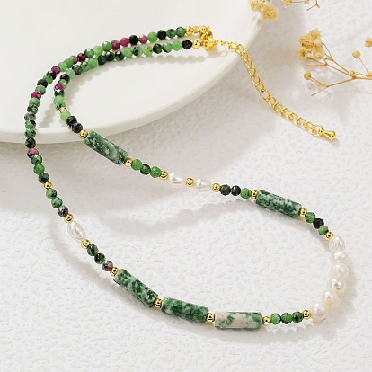Faceted Round Natural Ruby in Zoisite & Column Green Spot Jasper & Freshwater Pearl Beaded Necklaces for Women