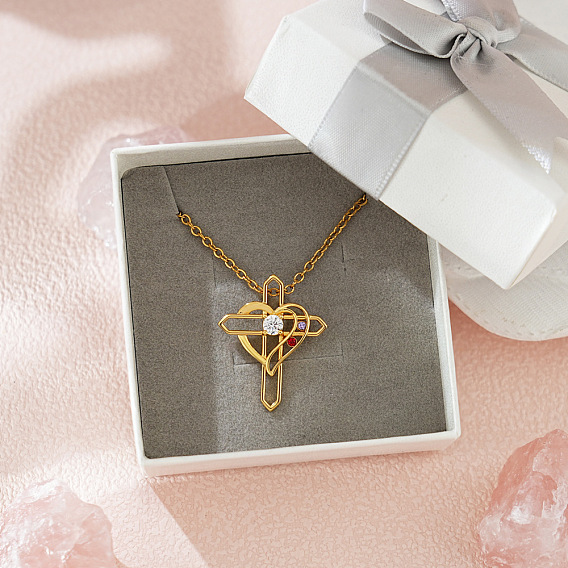 Подвеска в виде сердца с крестом из латуни, украшенная микропаве из разноцветных кубических цирконий, ко Дню матери 304 Цепочка из нержавеющей стали для женщин