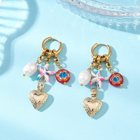 Серьги-кольца из латуни и натурального пресноводного жемчуга, сердце с морской звездой, с латунными подвесками-медальонами, изделиями ручной работы в технике миллефиори и синтетической бирюзой.