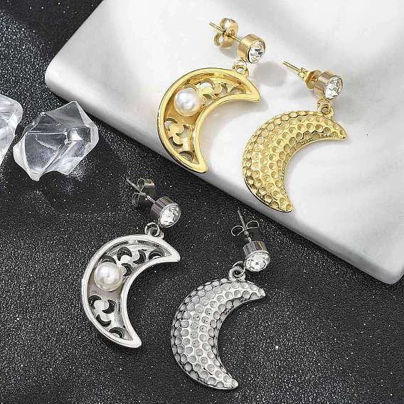 Ионное покрытие (ip) 304 серьги-гвоздики из нержавеющей стали, с искусственным жемчугом и стразами для женщин, луна