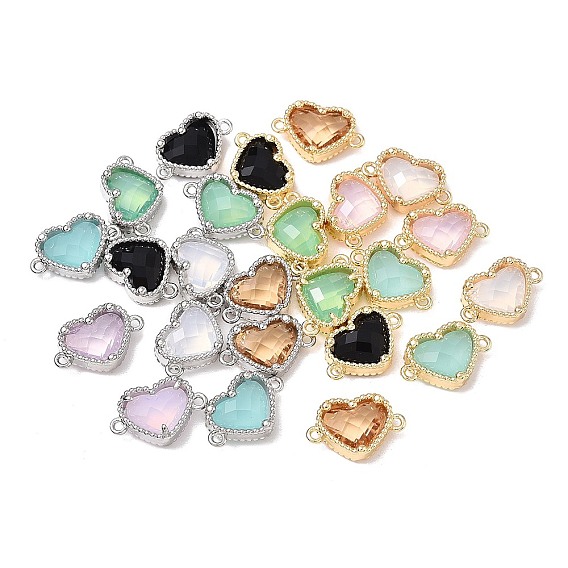 Brass & Glass Connector Charms, Heart Links, Mixed Color, Faceted