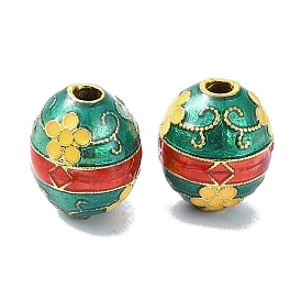 Rack Plating Brass Beads, with Enamel, Long-Lasting Plated, Lead Free & Cadmium Free, Real 18K Gold Plated, Oval with Flower