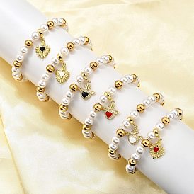 Латунь браслеты простирания, сердце, с эмалевыми подвесками и пластиковыми бусинами с имитацией жемчуга и ионным покрытием (IP) 304 бусины из нержавеющей стали, стойки покрытие, золотые