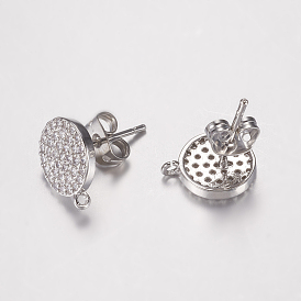 Brass Micro Pave Cubic Zirconia Stud Earring Findings, with Loop, Cadmium Free & Lead Free, Flat Round