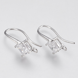 Brass Earring Hook, Ear Wire, with Vertical Loop, Cubic Zirconia, Clear, Nickel Free