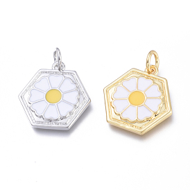 Brass Pendants, with Enamel and Jump Rings, Long-Lasting Plated, Cadmium Free & Lead Free & Nickel Free, Hexagon with Flower, White