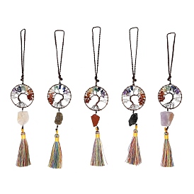 Décorations en gros pendentif en laiton, avec perles de pierres précieuses naturelles et pompon en nylon, bague ronde avec arbre de vie, thème de chakra