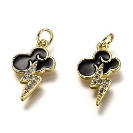 Brass Micro Pave Clear Cubic Zirconia Pendants, Long-Lasting Plated, with Jump Rings & Black Enamel, Cloud with Lighting