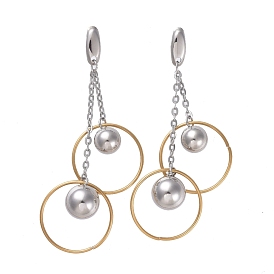 304 Stainless Steel Dangle Earrings, with Cable Chain and Ear Nuts, Round and Ring