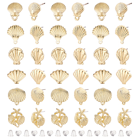 36Pcs 6 Style Alloy Stud Earring Findings Sets, with Loop and Steel Pins, 40Pcs Ear Nuts, Shell