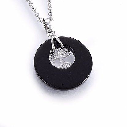 Mixed Gemstone Pendant Necklaces, with 304 Stainless Steel Findings, Flat Round with Tree