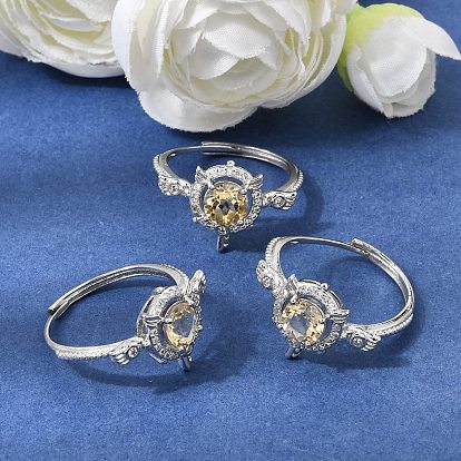 Brass Micro Pave Cubic Zirconia Finger Rings, Round with Angel Wings, with Natural Yellow Quartz, Platinum