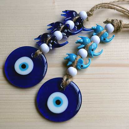 Glass Flat Round with Evil Eye Pendant Decorations, Glass Elephant and Jute Cord Car Wall Hanging Decoration