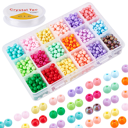 1440Pcs 18 Colors Opaque Acrylic Beads, Round, with 1 Roll Round Crystal Elastic Stretch Thread