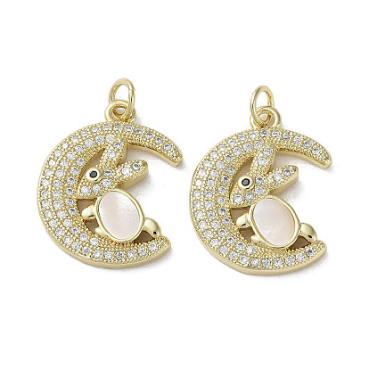 Brass Micro Pave Cubic Zirconia Pendants, Cadmium Free & Lead Free, with Shell, Moon with Rabbit