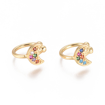 Golden Plated Brass Micro Pave Cubic Zirconia Cuff Earrings, Long-Lasting Plated, Moon