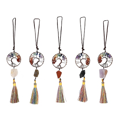 Brass Big Pendant Decorations, with Natural Gemstone Beads and Nylon Tassel, Round Ring with Tree of Life, Chakra Theme
