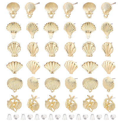 36Pcs 6 Style Alloy Stud Earring Findings Sets, with Loop and Steel Pins, 40Pcs Ear Nuts, Shell