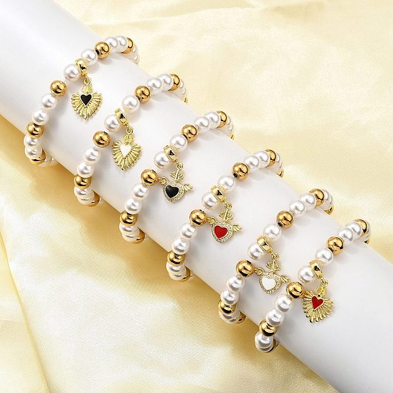 Латунь браслеты простирания, сердце, с эмалевыми подвесками и пластиковыми бусинами с имитацией жемчуга и ионным покрытием (IP) 304 бусины из нержавеющей стали, стойки покрытие, золотые