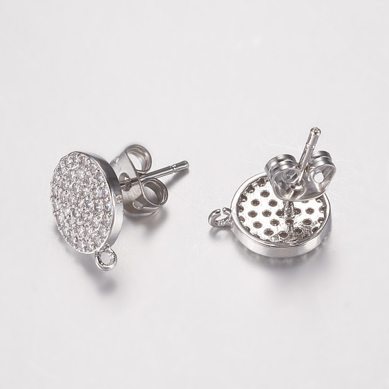 Brass Micro Pave Cubic Zirconia Stud Earring Findings, with Loop, Cadmium Free & Lead Free, Flat Round
