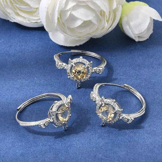 Micro cuivres ouvrent zircons bagues, ronde avec des ailes d'ange, avec quartz jaune naturel, platine