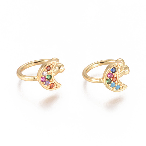 Golden Plated Brass Micro Pave Cubic Zirconia Cuff Earrings, Long-Lasting Plated, Moon