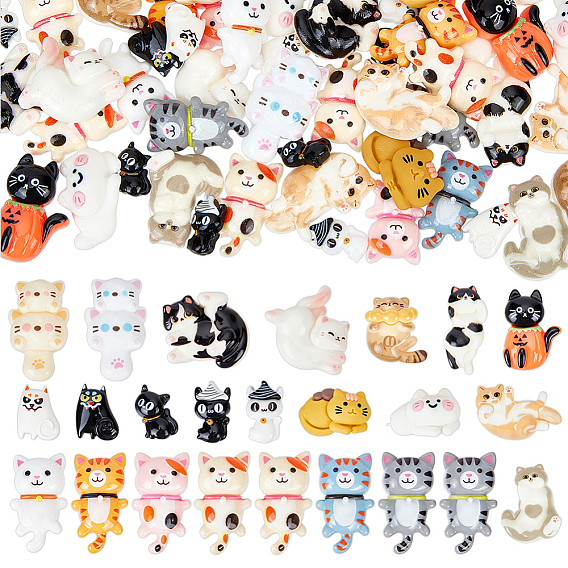 72Pcs 24 Styles Halloween Theme Opaque Resin Cabochons, Cat Shapes