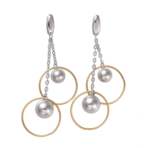 304 Stainless Steel Dangle Earrings, with Cable Chain and Ear Nuts, Round and Ring