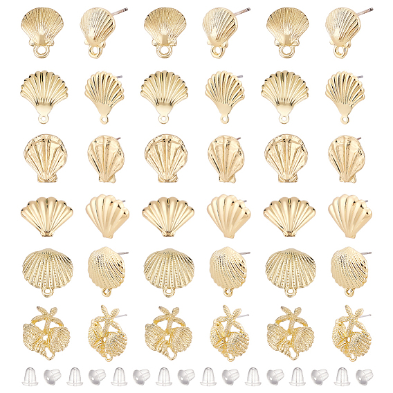 36Pcs 6 Style Alloy Stud Earring Findings Sets, with Loop and Steel Pins, 40Pcs Ear Nuts, Shell