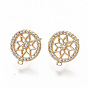 Brass Micro Pave Clear Cubic Zirconia Stud Earring Findings, with Loop, Nickel Free, Real 18K Gold Plated, Flat Round