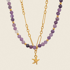 Двухслойные ожерелья из нержавеющей стали с подвеской в виде скрепки и круглыми бусинами из натурального камня для женщин, золотые