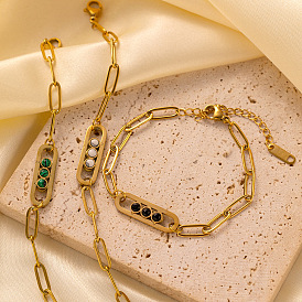 Bracelet chaîne en acier titane, avec des perles turquoise de pierres précieuses, ovale