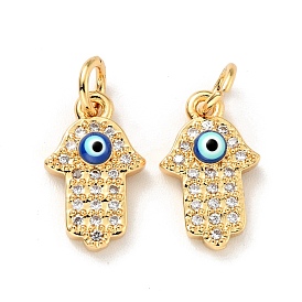Eco-friendly Brass Micro Pave Clear Cubic Zirconia Pendants, with Enamel and Jump Ring, Cadmium Free & Lead Free, Hamsa Hand/Hand of Miriam with Evil Eye