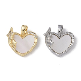 Brass & Shell & Clear Cubic Zirconia Charms, Heart & Star Charms