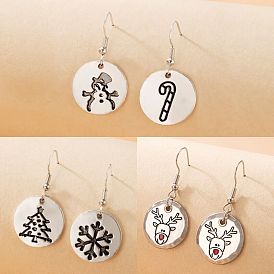 Vintage Carved Deer Earrings with Festive Snowman and Snowflake Design