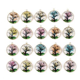 Brass Glass Pendants, Flat Round with Tree & Butterfly Charms, with Dried Flower