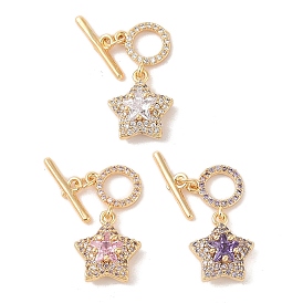 Golden Brass Micro Pave Clear Cubic Zirconia Toggle Clasps, with Glass, Star