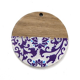 Printed Resin & Wood Pendants, Flat Round Charm with Blue and White Flower Pattern