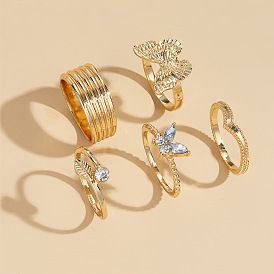 Rhinestone Butterfly & Leaf Finger Rings Set, Golden Alloy Jewelry for Women