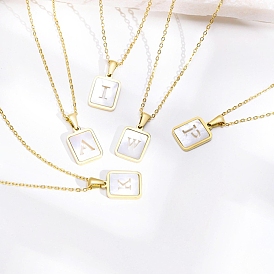 Shell Rectangle Pendant Initial Necklaces, Stainless Steel Cable Chain Necklaces for Women, Golden