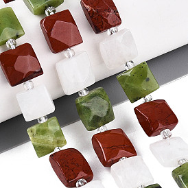 Нити бусин из натурального канадского нефрита, красной яшмы и радужного лунного камня, квадратный, граненые