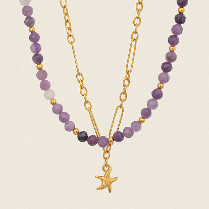 Двухслойные ожерелья из нержавеющей стали с подвеской в виде скрепки и круглыми бусинами из натурального камня для женщин, золотые