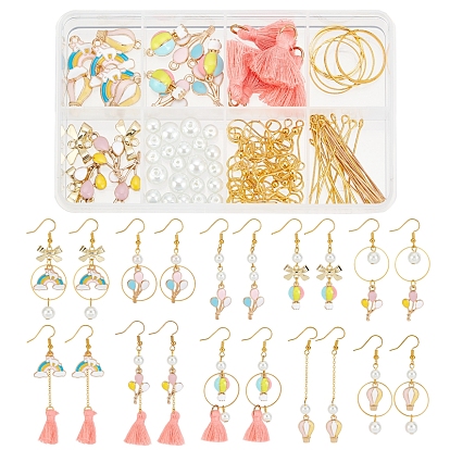 DIY Amusement Park Theme Dangle Earring Making Kits, Including Hot Air Balloon & Rainbow & Bowknot Alloy Enamel Charms & Link Connectors, Glass Pearl Beads, Brass Earring Hooks