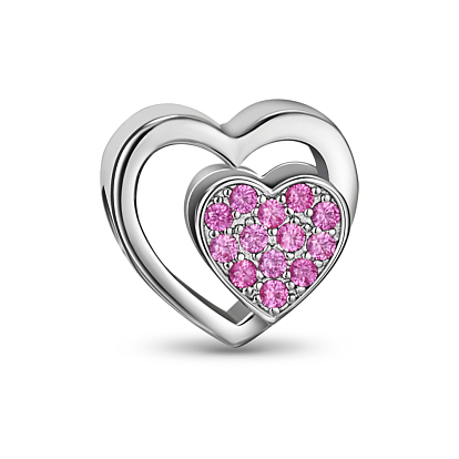 TINYSAND 925 Sterling Silver Cubic Zirconia European Beads, Hollowed Dual Hearts, 12.53x13.33x7.62mm, Hole: 4.53mm