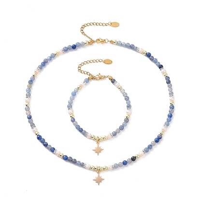 Brass Star Charm Bracelet & Necklace, Natural Blue Aventurine & Pearl Beaded Chains Jewelry Set for Women