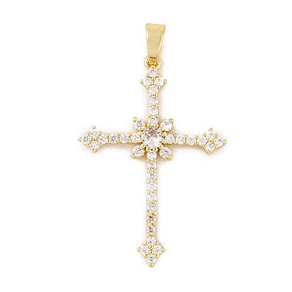 Rack Plating Brass Micro Pave Clear Cubic Zirconia Pendants, Long-Lasting Plated, Lead Free & Cadmium Free, Cross