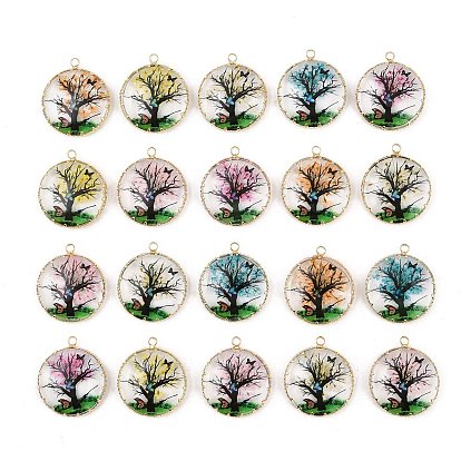 Brass Glass Pendants, Flat Round with Tree & Butterfly Charms, with Dried Flower