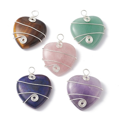 Natural Stone Copper Wire Wrapped Pendants, Heart Charms, Long-Lasting Plated, Silver Color Plated