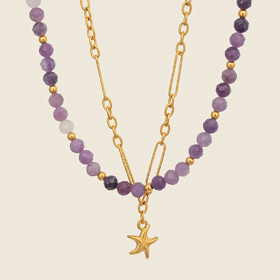 Двухслойные ожерелья из нержавеющей стали с подвеской в виде скрепки и круглыми бусинами из натурального камня для женщин, золотые