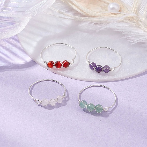 Женские кольца с бусинами из медной проволоки, обернутой вокруг натурального аметиста, розового кварца, зеленого авантюрина и сердолика